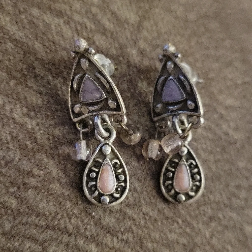 VTG Silvertone Purple Pink Enamel Chandalier Post Earrings